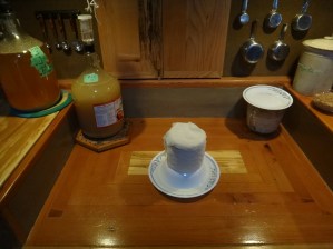 Ginger beer brewing, home made cheese aging on counter, oats and brown rice fermenting on counter.